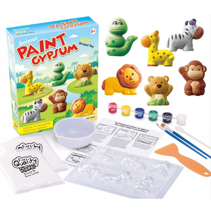 Set pictura si mulaj cu 6 animalute de la Zoo de colorat, cu 6 culori, tavita si instructiuni, pentru fete sau baieti, copii de la 3 ani, multicolor