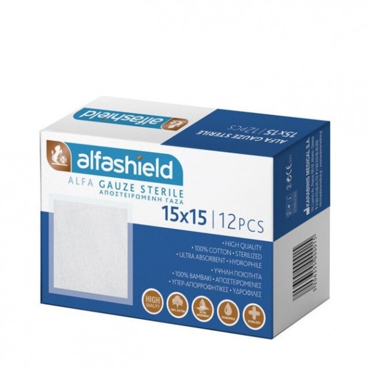 Set 12 bucati tifon steril, Alfashield, Bumbac, 15 x 15 cm, Alb