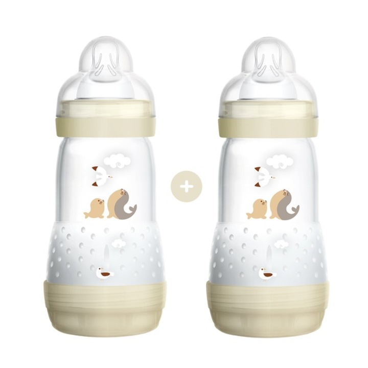 Set 2 biberoane, MAM, Polipropilena, Cu tetina de silicon, 2 luni, 260ml, Transparent