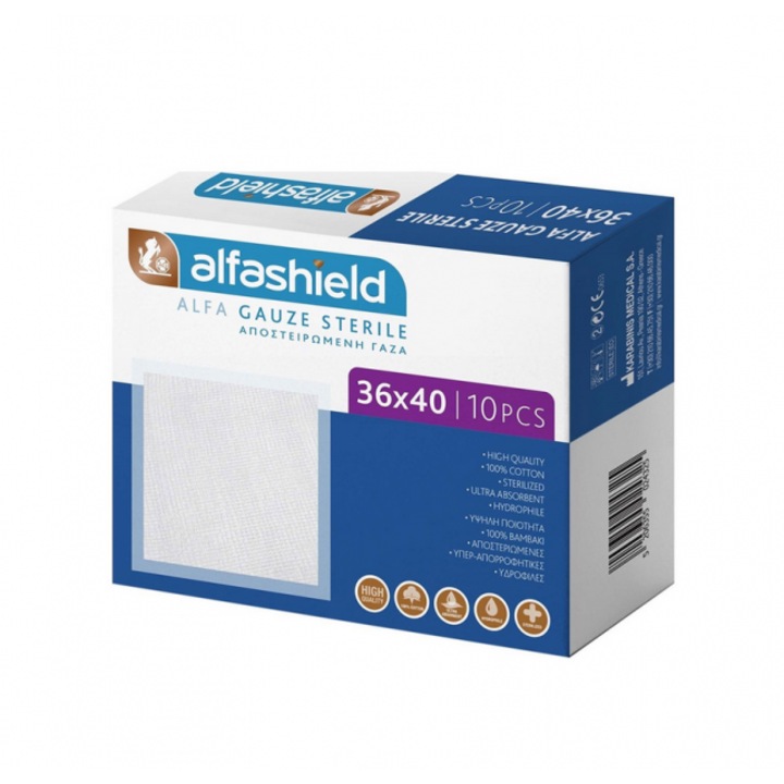 Set 10 bucati de tifon steril, Alfa, Bumbac, 36 x 40 cm, Alb