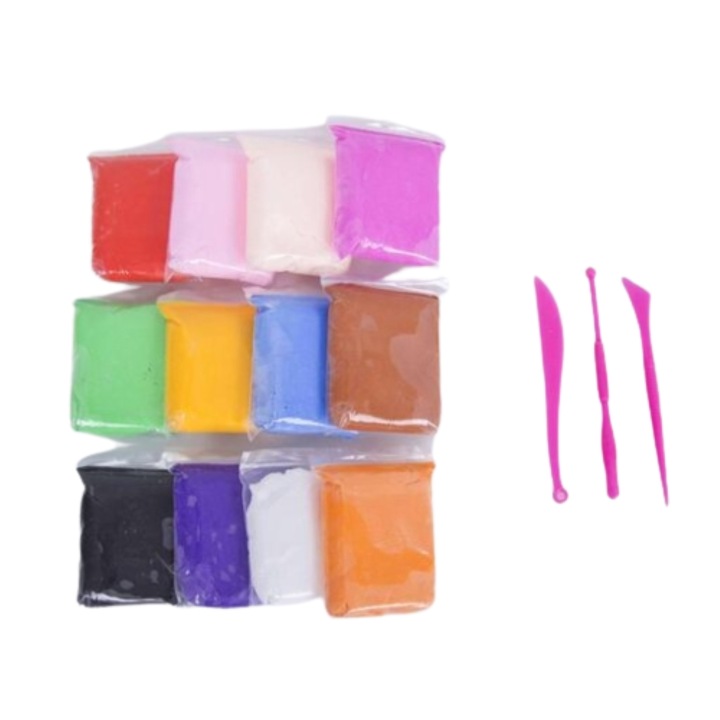 Комплект пластелин за моделиране включва 12 разноцветни торбички и аксесоари за моделиране