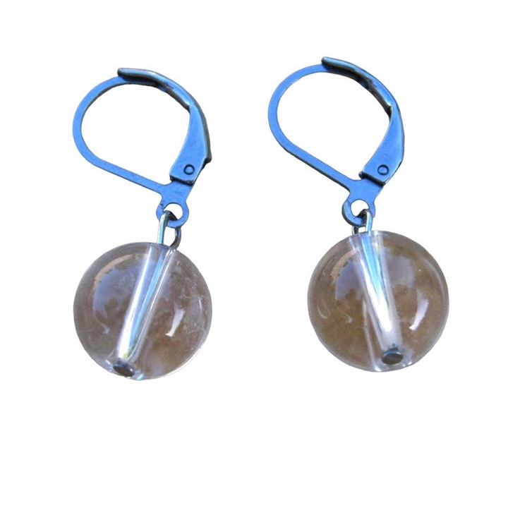 Hegyikristály, 1 golyós, biztonsági fülbevaló nemesacél, 10 mm, nikkelmentes, ásvány, átlátszó, kézműves