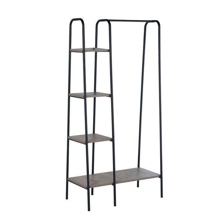 Suport pentru haine si pantofi, cu polite, metal si pal, 175x90x34 cm, nuc si negru