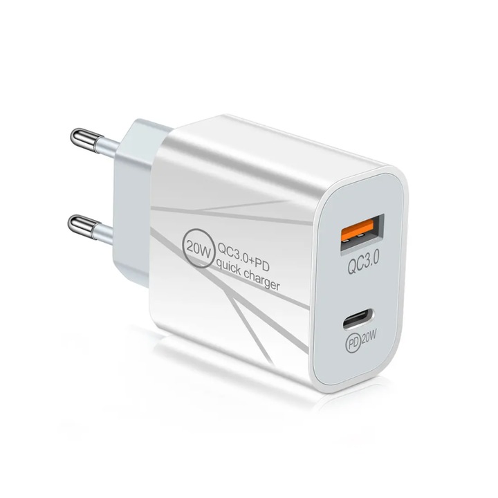 Мрежово зарядно, Quick Charge PD, 20W, 2 USB+USB-C, Съвместимо с iOS, Android, Бял
