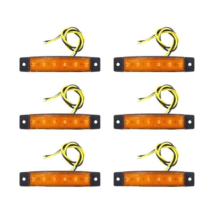 Set 6 lampi laterale de gabarit, semnalizare gabarit autovehicule, autoutilitare, remorci, tractoare, tensiune 12V-24V, culoare galbena, material plastic