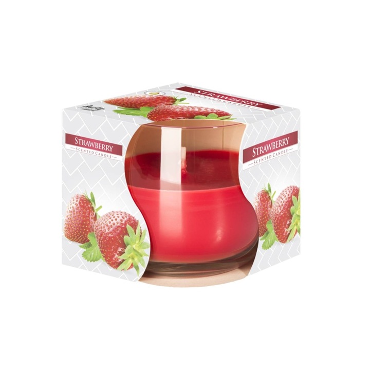 OEM Illatos gyertya intenzív eper aromával, üvegpohár, natúr viasz, piros színű, átmérő 7,9 cm, tömeg 100g