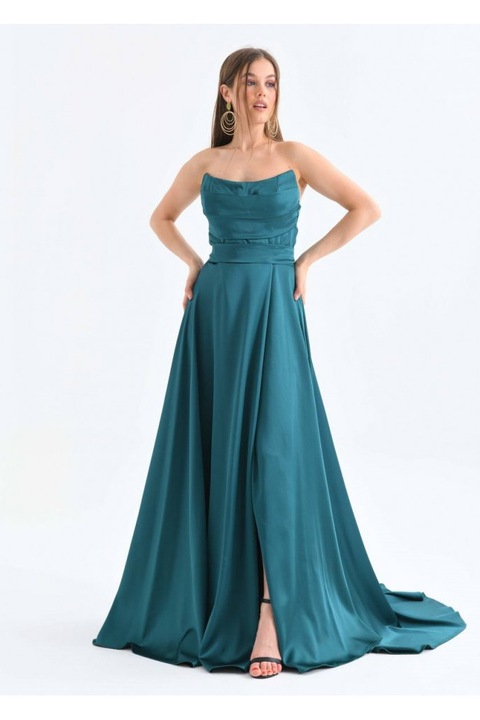 Дълга сатенена рокля Код: V9321, Зелен
