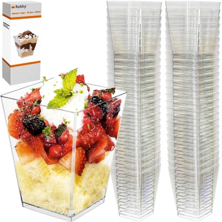 Set 50 cupe desert, din plastic transparent, forma piramida, 120ml ...