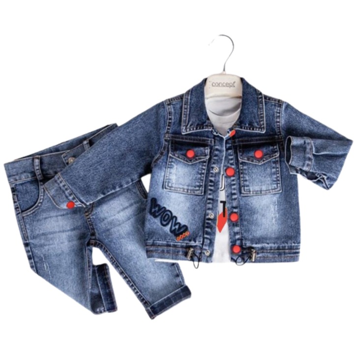 Set blug 3 piese WOW, bluza alba, geaca si pantaloni albastri