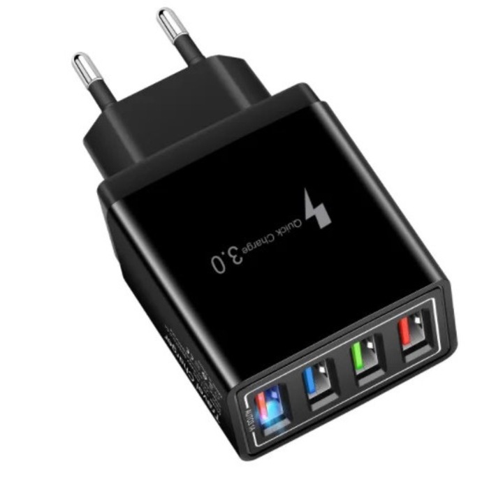 Incarcator Priza OZ Rectangle, 4x USB Qualcomm, max 2.4A, Incarcare Rapida, Material Ignifug, Cip Protectie Temperatura Ridicata, Negru