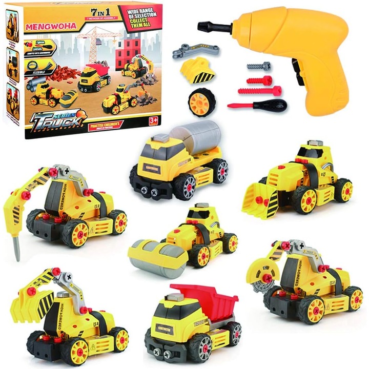 Set interactiv 7 in 1, Giftry®, jucarie educativa STEM, inginerie masini, bormasina electrica, lumini si sunete, baieti si fete, 4-8 ani, galben