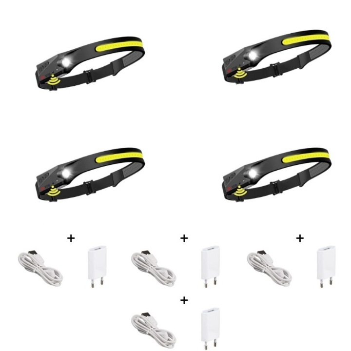 Комплект от 4 професионални гъвкави LED фара, мощен COB & XPE Led, включена батерия, водоустойчивост, сензор за движение, 4 светлинни режима, идеален за риболов, лов, къмпинг, бягане, включено зарядно, черен