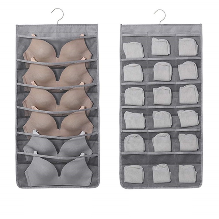 Organizator suspendat pentru lenjerie si sosete, 24 compartimente, gri, poliester, 40x80 cm