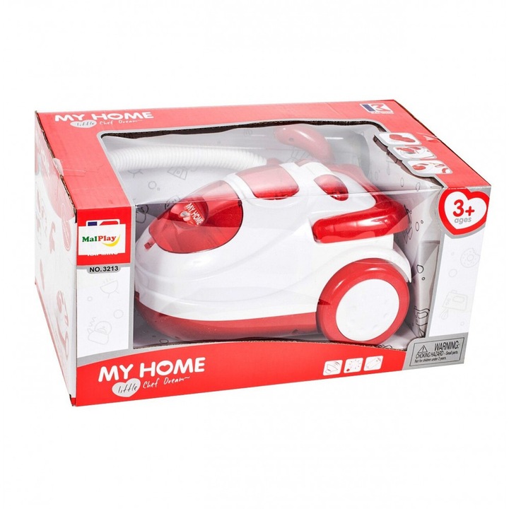 Aspirator de jucarie pentru copii cu Maner de sustinere, Sunete, Lumini, si bilute din polistiren, 9 x 13 x 12 cm, My Home Red