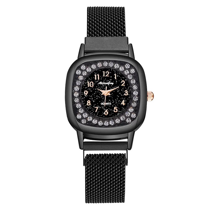 Ceas dama negru cu strasuri si bratara magnetica QUARTZ CDQZ138