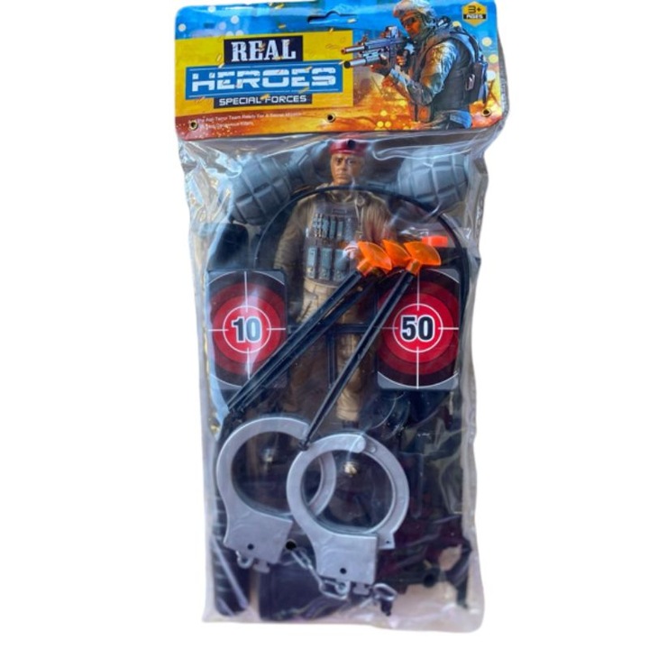 Set 11 piese jucarie, Real Heroes pentru copii, figurina, catuse, pistol, tinte, tintar, grenade, baston, statie, 3 ani