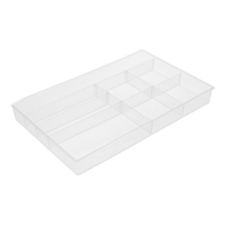 Organizator pentru sertar, din plastic transparent, 8 compartimente, 35.5x22.5x3.8 cm