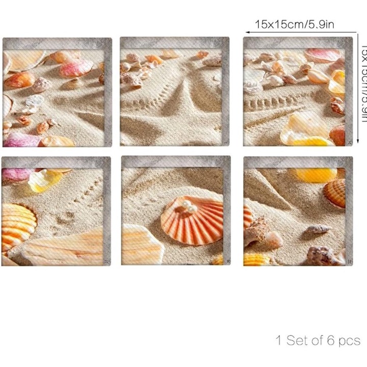 Sticker Antiderapant cu Striatii, Peisaj de Plaja cu Nisip si Scoici pentru Cada si Cabina de Dus, Design Premium, 6 Bucati /Stiker 15 x 15 cm, CBD CORAL BEST DEALS Multicolor 49 cm