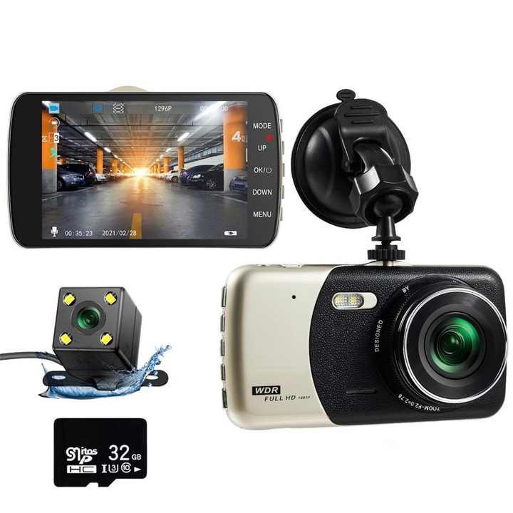 Camera Video De Bord Auto Zimtop, FULL-HD 1080P, card memorie 32GB, Display LCD 4 Inch, vizibilitate 170°, Senzor G, rezistenta la apa, Detectarea Miscarii, Inregistrare in bucla, Negru