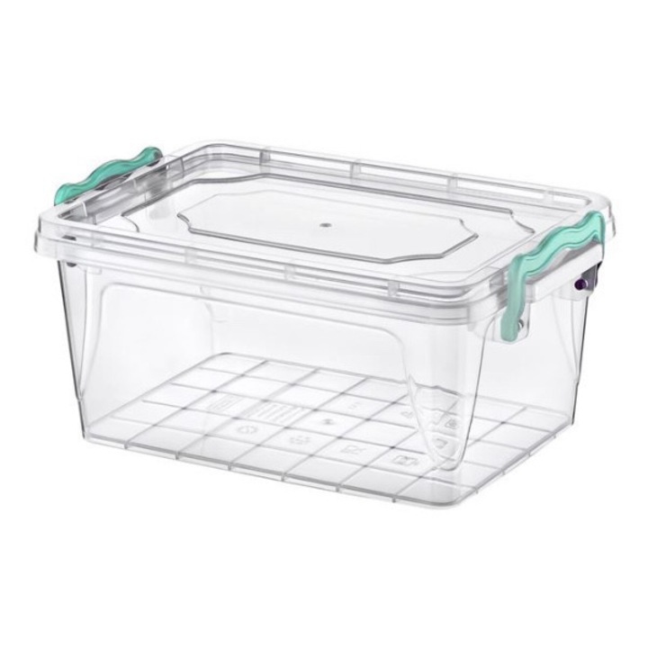 Set 6 cutii pentru depozitare, plastic transparent, cu capac si manere verzi, 5 l, 30x20x13 cm