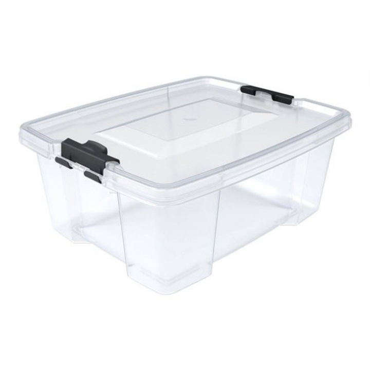 Set 6 cutii de depozitare din plastic transparent, cu capac si manere, 20 l, 45x34x20.5 cm
