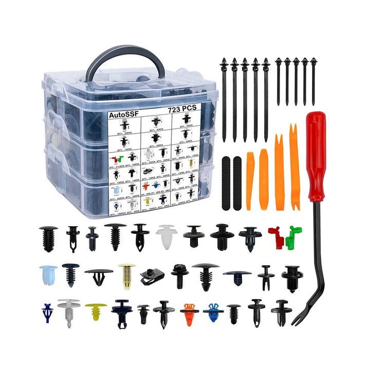 Set 724 clipsuri si cleme auto de fixare AutoSSF ®, 23 de dimensiuni, 5 instrumente demontare plastice, cutie organizator, universale
