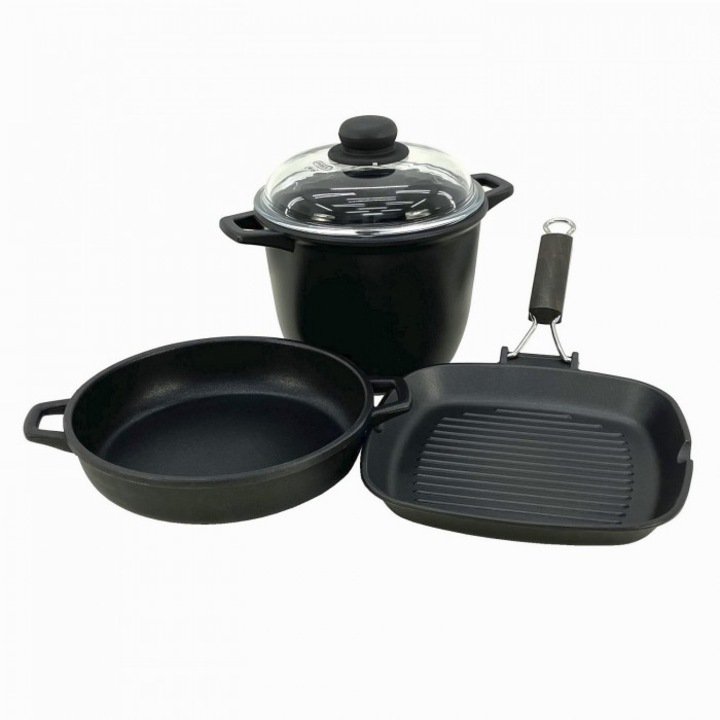 Set 4 piese vase gatit ANTIK ARS, aluminiu, strat antiaderent, oala 4lt cu capac, cratita 24xh6,5cm, tigaie grill 26x26xh3,5cm