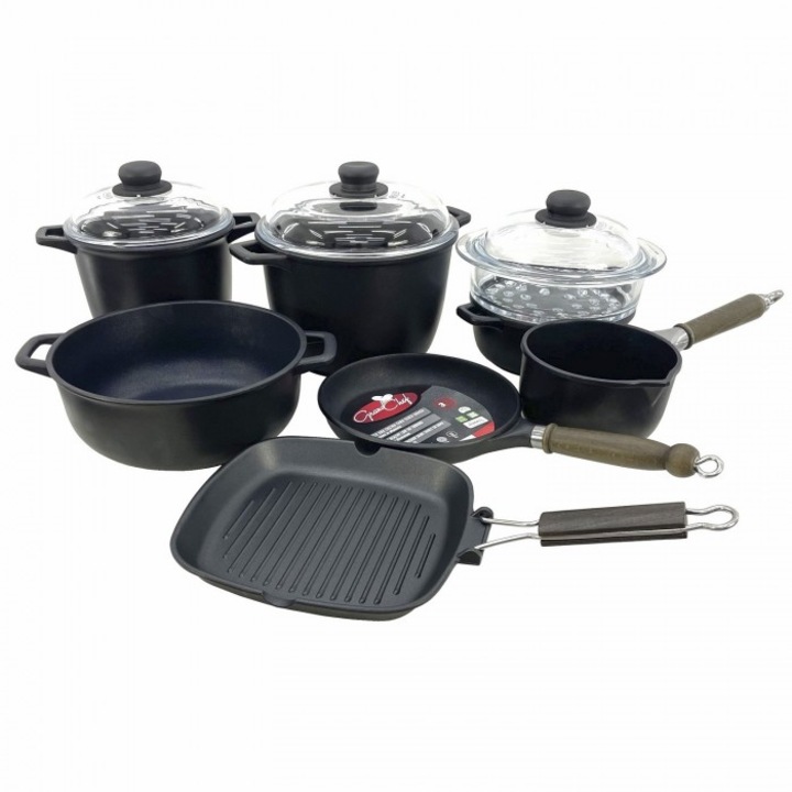 Set vase de gatit ANTIK ARS, aluminiu cu strat antiaderent, 2 oale 4lt si 6lt cu capace sticla Pyrex, cratita 26xh10cm, tigaie 22cm, tigaie grill 26x26cm, ibric D16xh12cm, oala gatit cu aburi 20xh15,5cm cu cos si capac sticla Pyrex