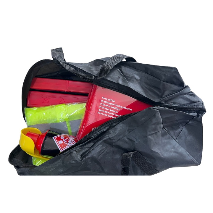 Kit siguranta auto, contine extinctor tip spray, trusa medicala omologata european, 2 x triunghi reflectorizant si vesta reflectorizanta universala