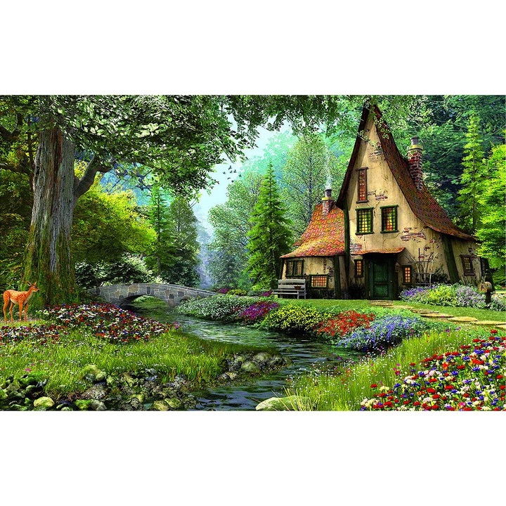 Tablou Canvas, Peisaj, Cabana ideala, Rau, copaci, Padure, Casuta, Flori, Caprioara, 60 x 40 cm, Rama lemn, Multicolor