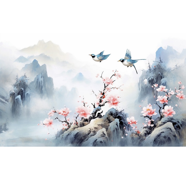 Tablou Canvas, Peisaj in Japonia, Munti, Cer, Animale, 80x50 cm, Rama lemn, Multicolor