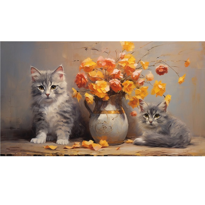 Картина на платно, Цветя, Натюрморт, котки, животни, 90x60 см, Дървена рамка, Многоцветен