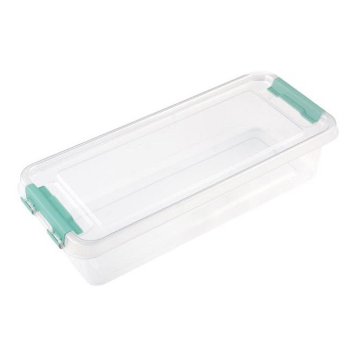 Cutie de depozitare din plastic, transparenta, cu capac si sistem de blocare, 1.2 l, 27x11.5x6 cm
