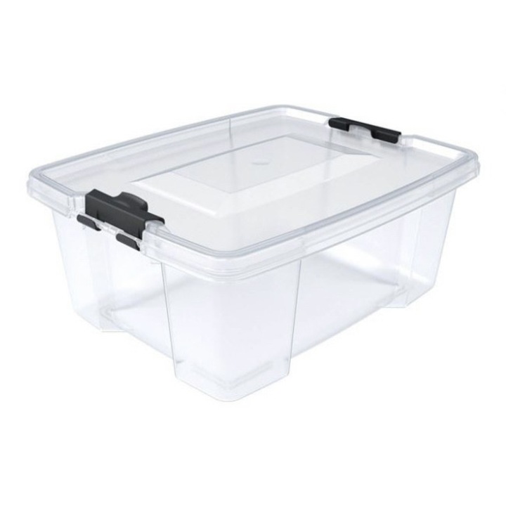 Set 4 cutii de depozitare din plastic transparent, cu capac si manere, 3.5 l, 28x22x9 cm