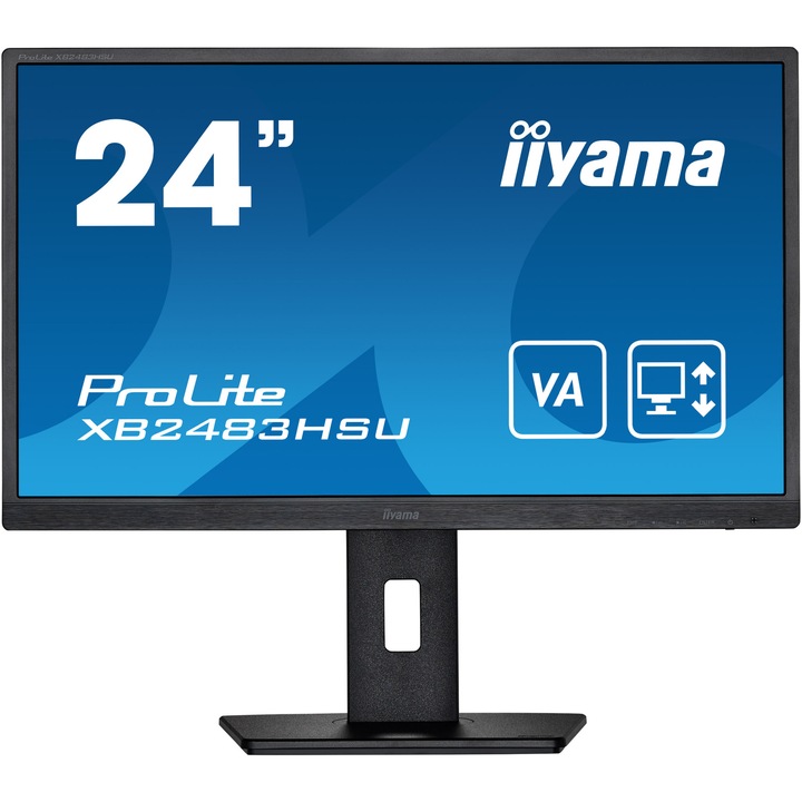 IIYAMA ProLite monitor, 24" VA, 1920x1080, 4 ms, 15 cm-es magasságállító állvány, forgatható, 250 cd/m², HDMI, DisplayPort, USB-HUB, fekete