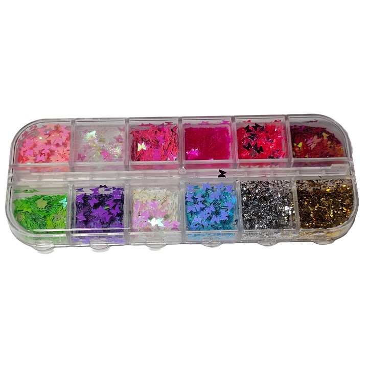 Cutie mix 12 culori decoratiuni unghii Fluturasi si folii sclipici aurii si argintii