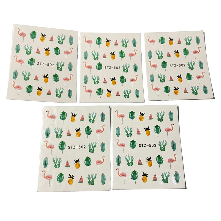Set 5 folii stickere pentru decor unghii, STZ-502, model Exotic, roz-flamingo, verde