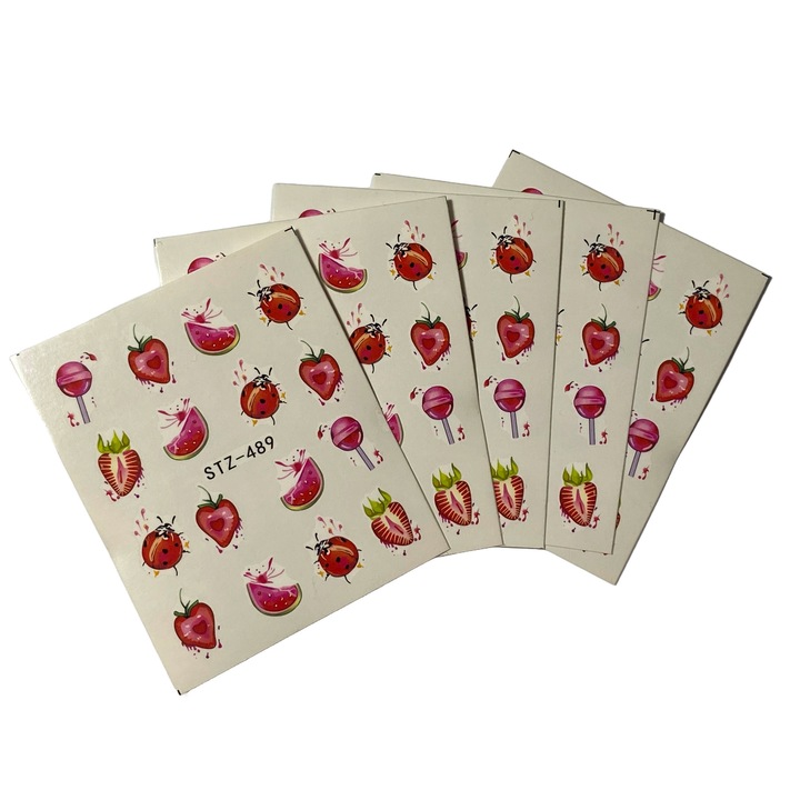 Set 5 folii stickere pentru decor unghii, STZ-489, model Sweet Summer Red, rosu