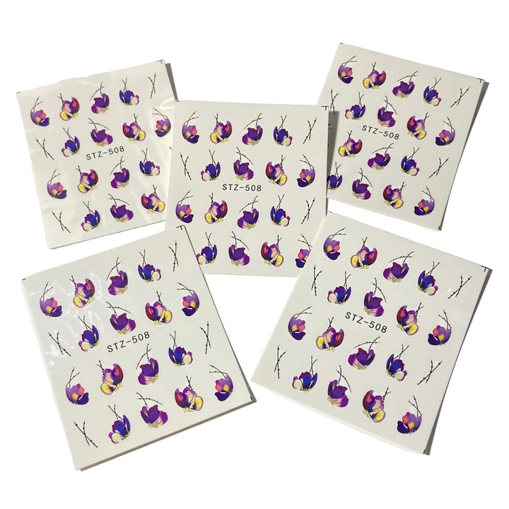 Set 5 folii stickere pentru decor unghii, STZ-508, model Petale de Flori, Mov, Galben