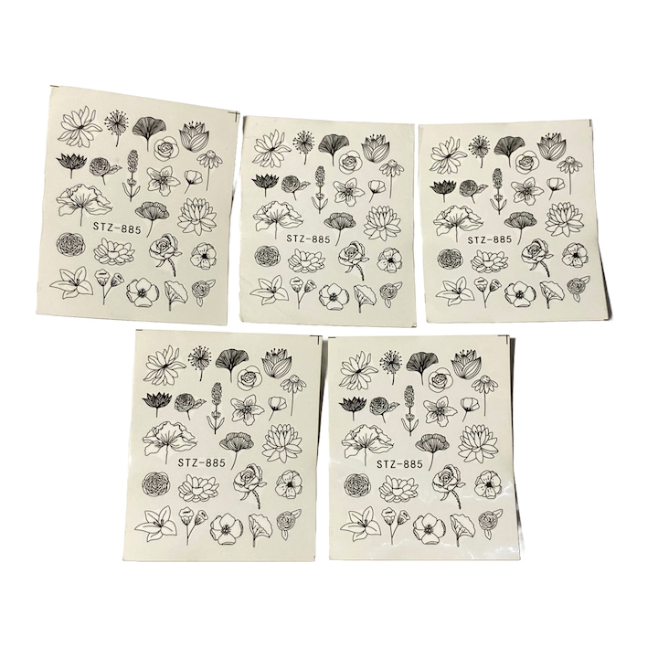 Set 5 folii stickere pentru decor unghii, STZ-885, model Ink Flowers, Negru Tipar