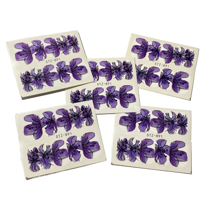 Set 5 folii stickere pentru decor unghii, STZ-891, model Purple Flower, Mov