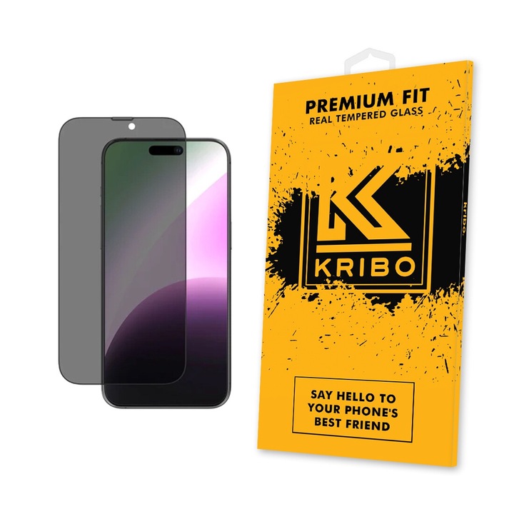 Folie Sticla pentru iPhone 16 / 15, Kribo Privacy Premium Fit, cu filtru anti-praf, HD, 9H, Protectie Ecran Premium, Full Cover, Full Glue