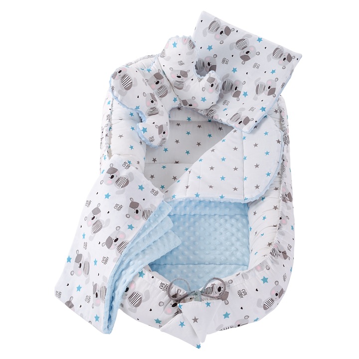 Set de 5 piese Cosulet bebe, Medi Partners, Model Teddy blue, cu insertie detasabila, Perna fluture, patura, perna plata, 100x60x15cm, Albastru/Alb