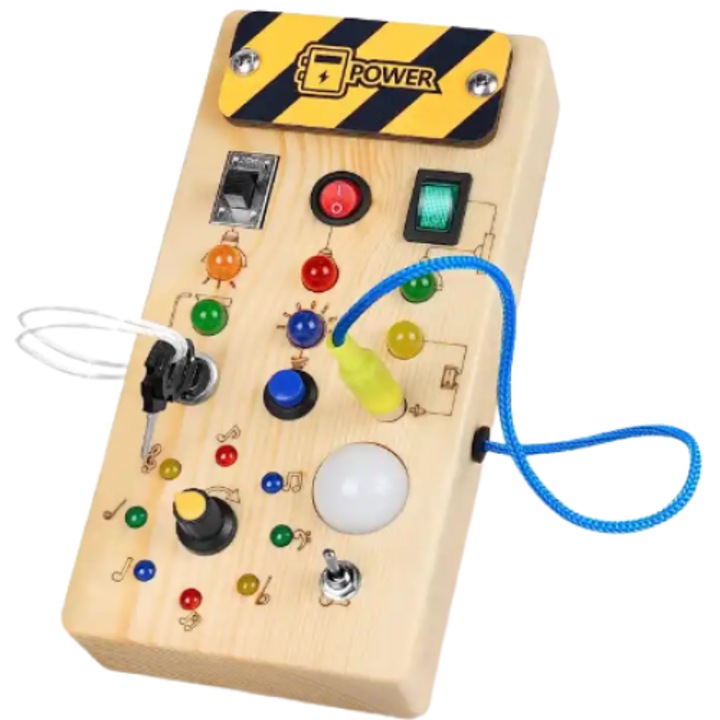 Дървена Монтесори образователна игра, Електрическо табло с ключове и светодиоди за деца с 8 сензорни елемента