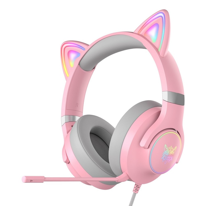 Геймърски слушалки Onikuma X30 RGB котешки уши, розови
