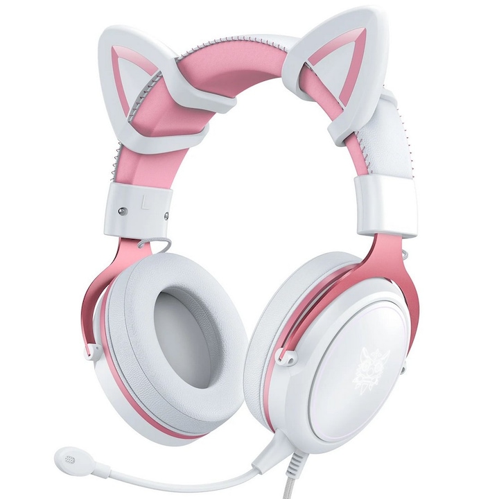Слушалки за гейминг Onikuma X10 RGB, С котешки уши, Бял / Розов цвят