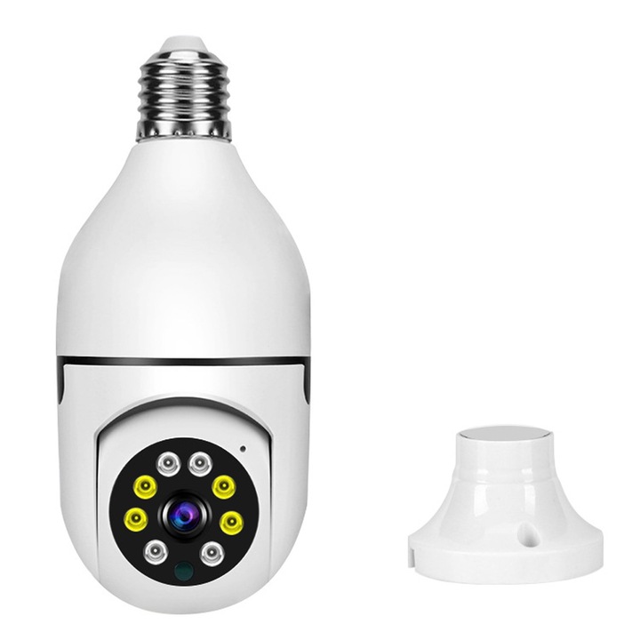 2MP videó megfigyelő kamera, Darklove, Izzó típus, Dual WiFi, Telefon/PC csatlakozás, Night Vision Color, Riasztó, Automatikus követés, Mozgásérzékelő, ABS, Fehér