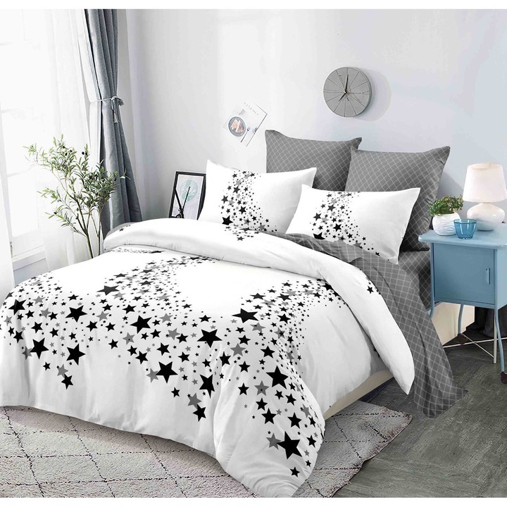 Lenjerie de pat pentru 2 persoane Deluxe, Alb/Negru, cearsaf pilota 200x230 cm, cearsaf pat 180x200 cm, doua fete de perna 50x70 cm, 6 piese cu elastic