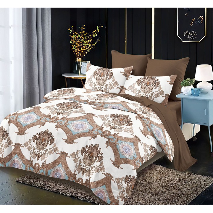 Lenjerie de pat pentru 2 persoane Deluxe, Maro/Alb, cearsaf pilota 200x230 cm, cearsaf pat 180x200 cm, doua fete de perna 50x70 cm, 6 piese cu elastic