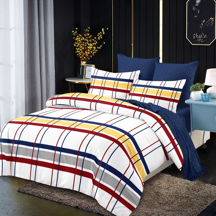 Lenjerie de pat pentru 2 persoane Deluxe, Alb in dungi colorate, cearsaf pilota 200x230 cm, cearsaf pat 180x200 cm, doua fete de perna 50x70 cm, 6 piese cu elastic